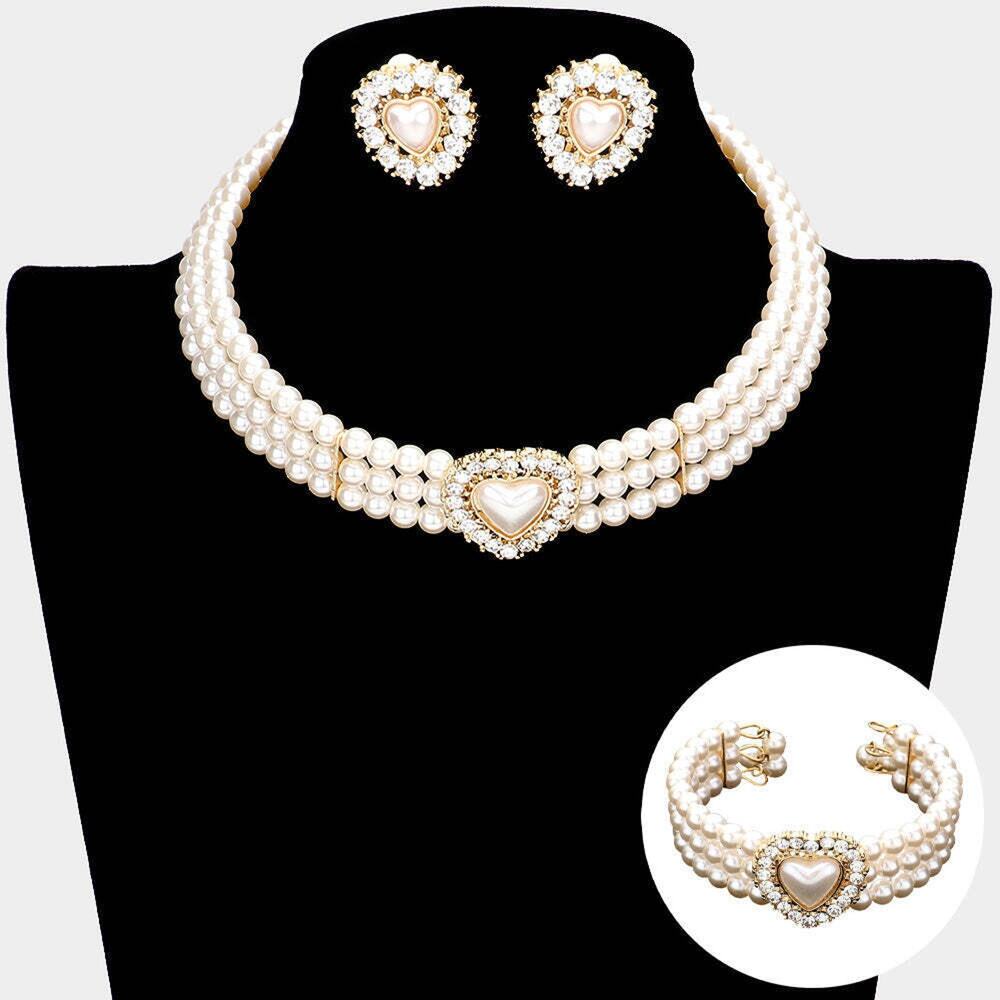 Clip on 3 pc gold and cream pearl heart choker necklace, bracelet, earring set